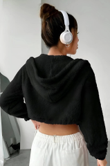 Peluş ceket kapşonlu siyah