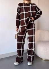 Ekoseli triko takım kahvebeyaz