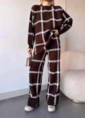 Ekoseli triko takım kahvebeyaz